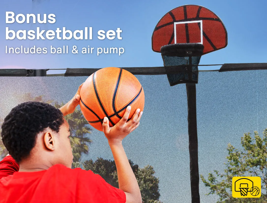 12ft Round Kids Trampoline with Curved Pole Design, Basketball Set and Sprinkler Accessory | Black and Multi-colour | UP-SHOT