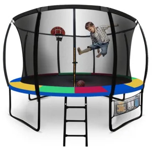 12ft Round Kids Trampoline with Curved Pole Design, Basketball Set and Sprinkler Accessory | Black and Multi-colour | UP-SHOT