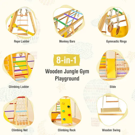 8-in-1 Wooden Jungle Gym Playset with Monkey Bars-Multicolor