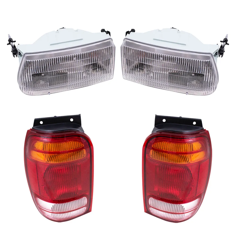 Brock Aftermarket Replacement Driver Left Passenger Right Halogen Headlight And Combination Tail Light 4 Piece Set Compatible with 1998-2001 Ford Explorer