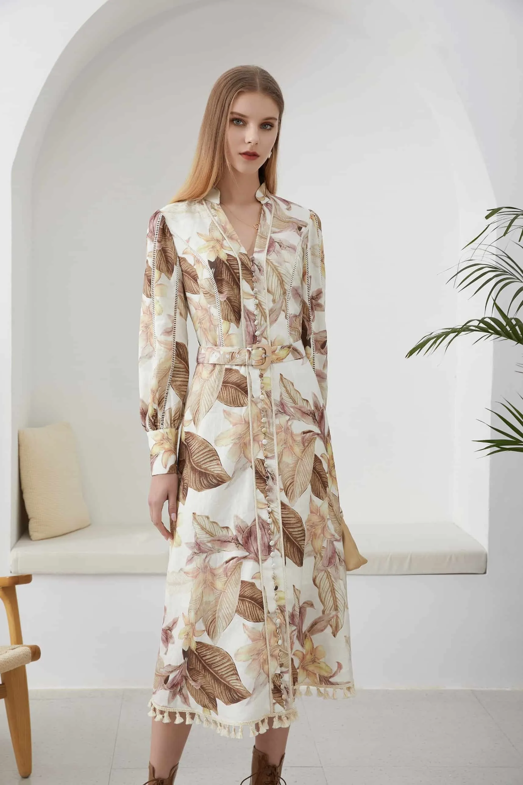GDS Monet Belted Linen Long Dress | Toasted Coconut