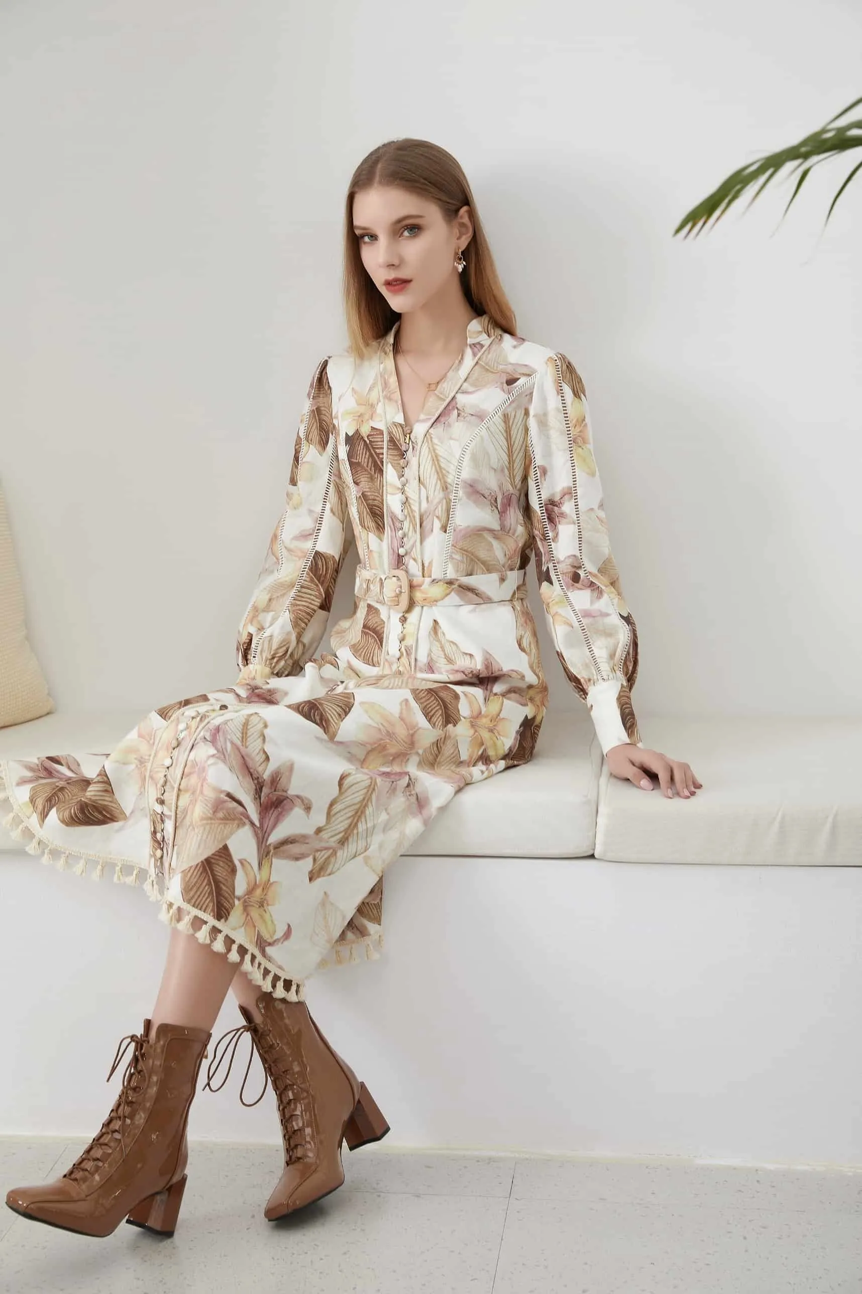 GDS Monet Belted Linen Long Dress | Toasted Coconut