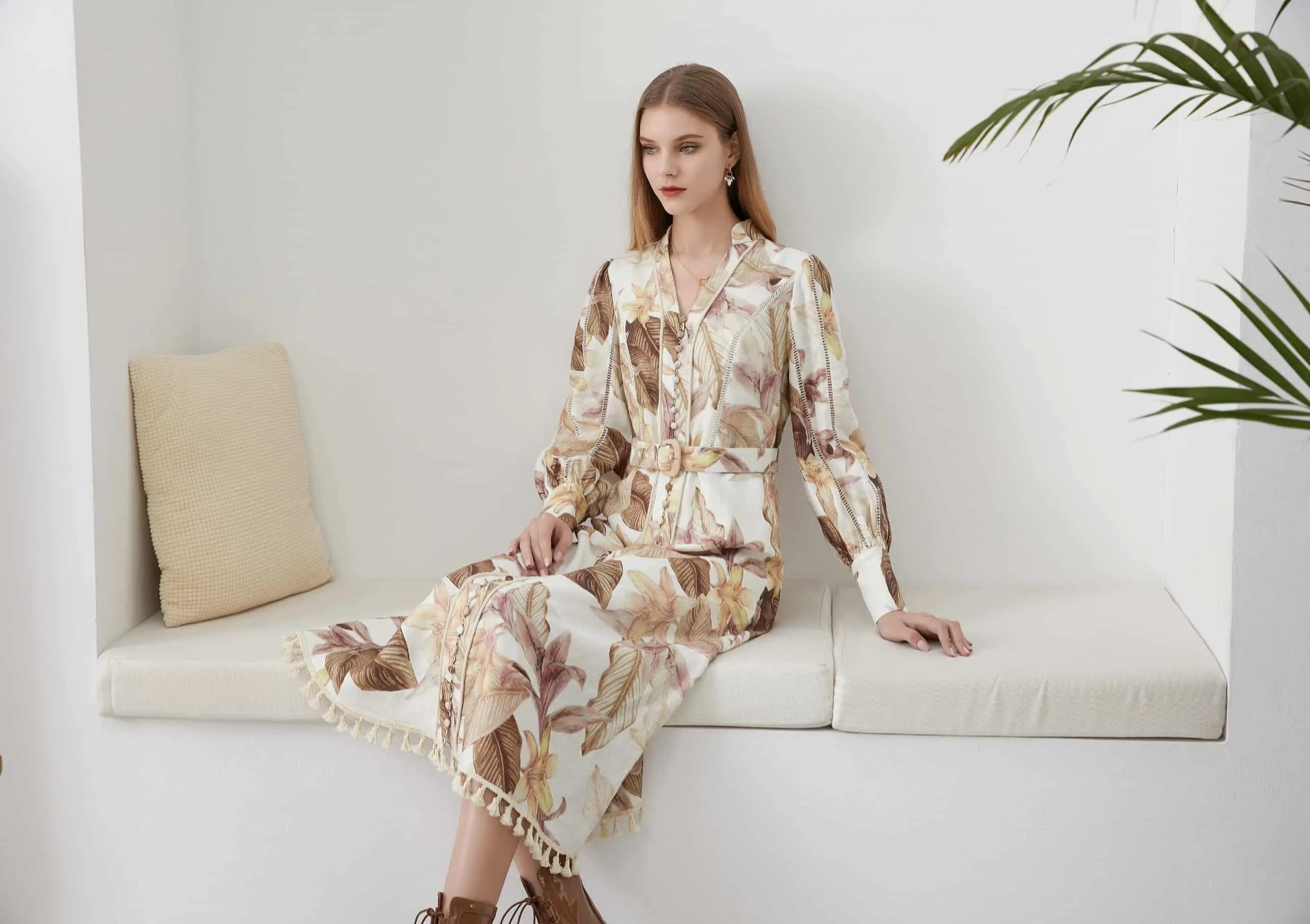 GDS Monet Belted Linen Long Dress | Toasted Coconut