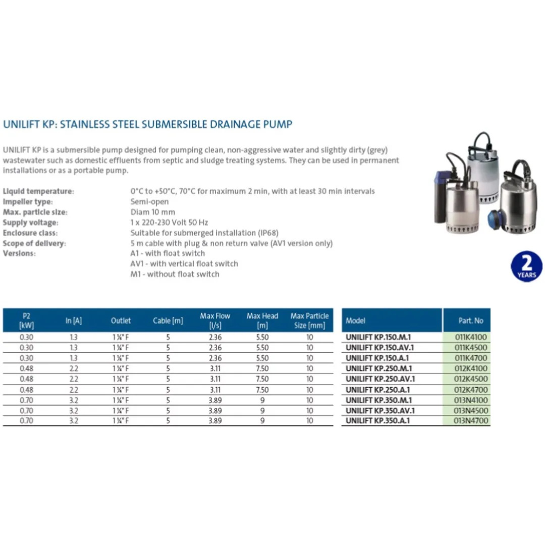 Grundfos Unilift KP150-A1 0.14kW Submersible Drainage Pump with Float Switch (Max 140LPM/55kPa)