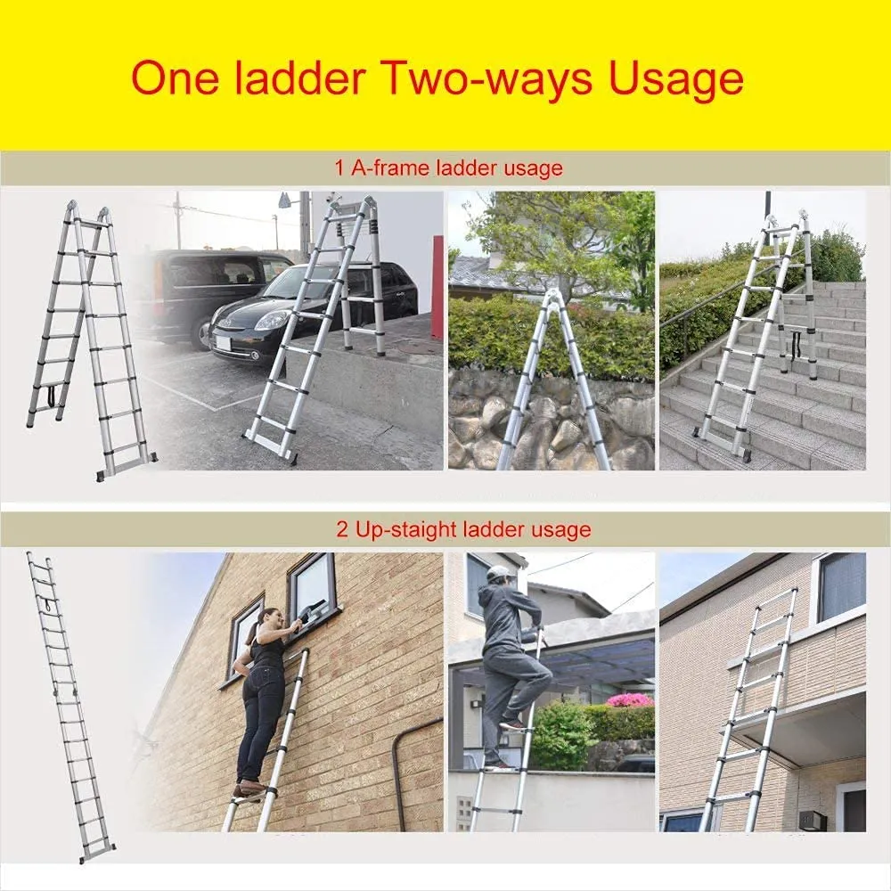 KRISHYAM® 1.9M 1.9M/3.8M/12.5FT Aluminum Telescoping Extension Ladder, A-Frame Telescopic Ladder Portable Folding Ladder for Outdoor&Household Working with Anti-Slip Support Bar