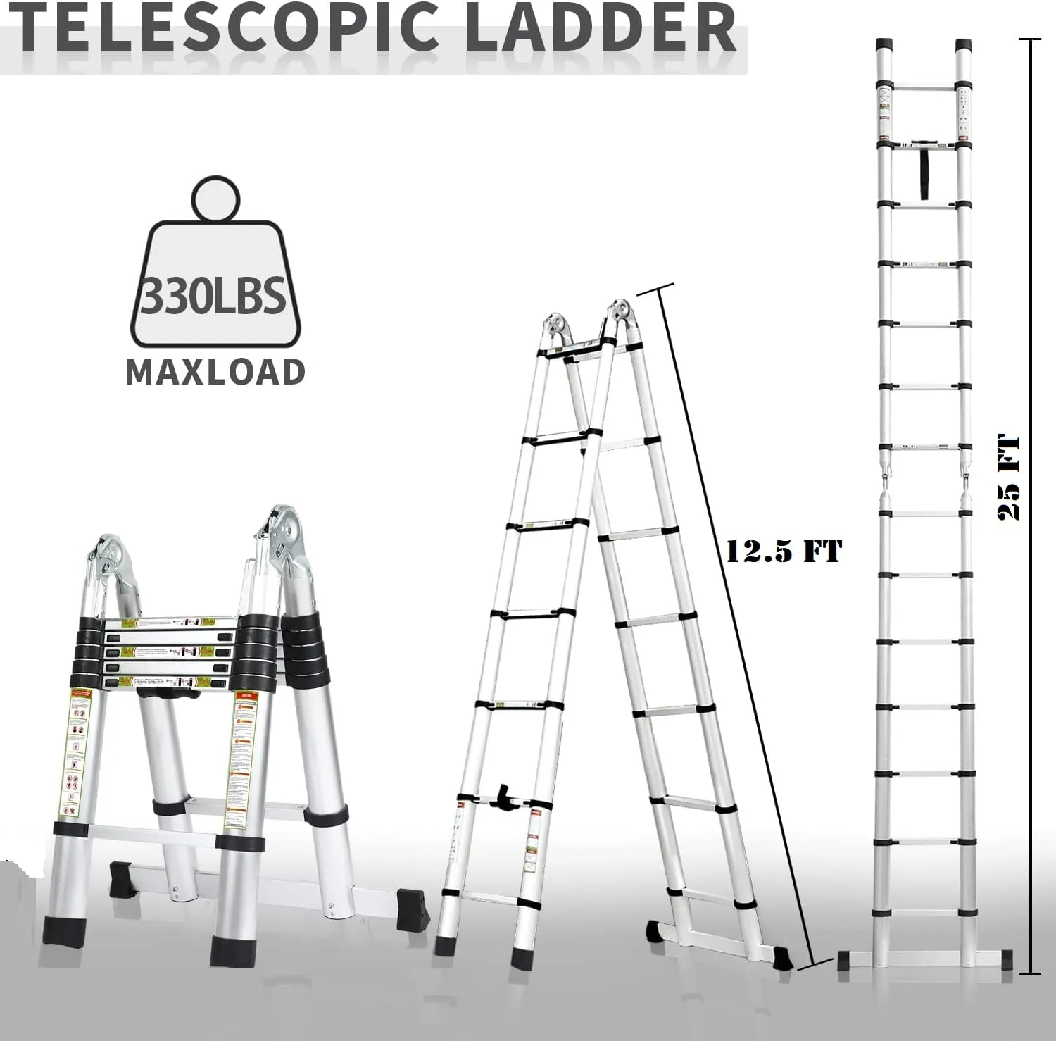 KRISHYAM® 1.9M 1.9M/3.8M/12.5FT Aluminum Telescoping Extension Ladder, A-Frame Telescopic Ladder Portable Folding Ladder for Outdoor&Household Working with Anti-Slip Support Bar