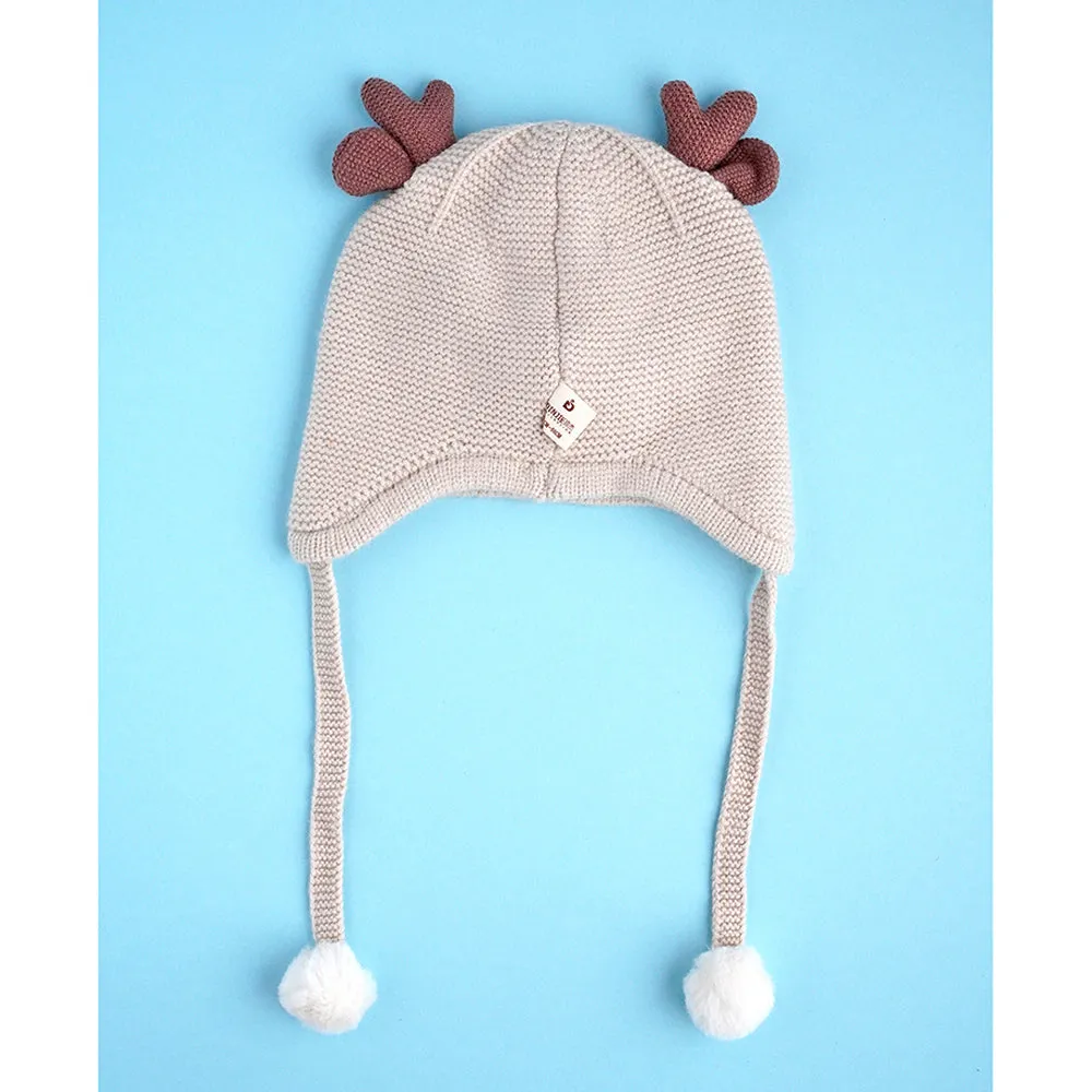 Little Surprise Box Cream Baby Antler Knitted Soft Woolen Winter Cap With Tie Up 6-18 Months