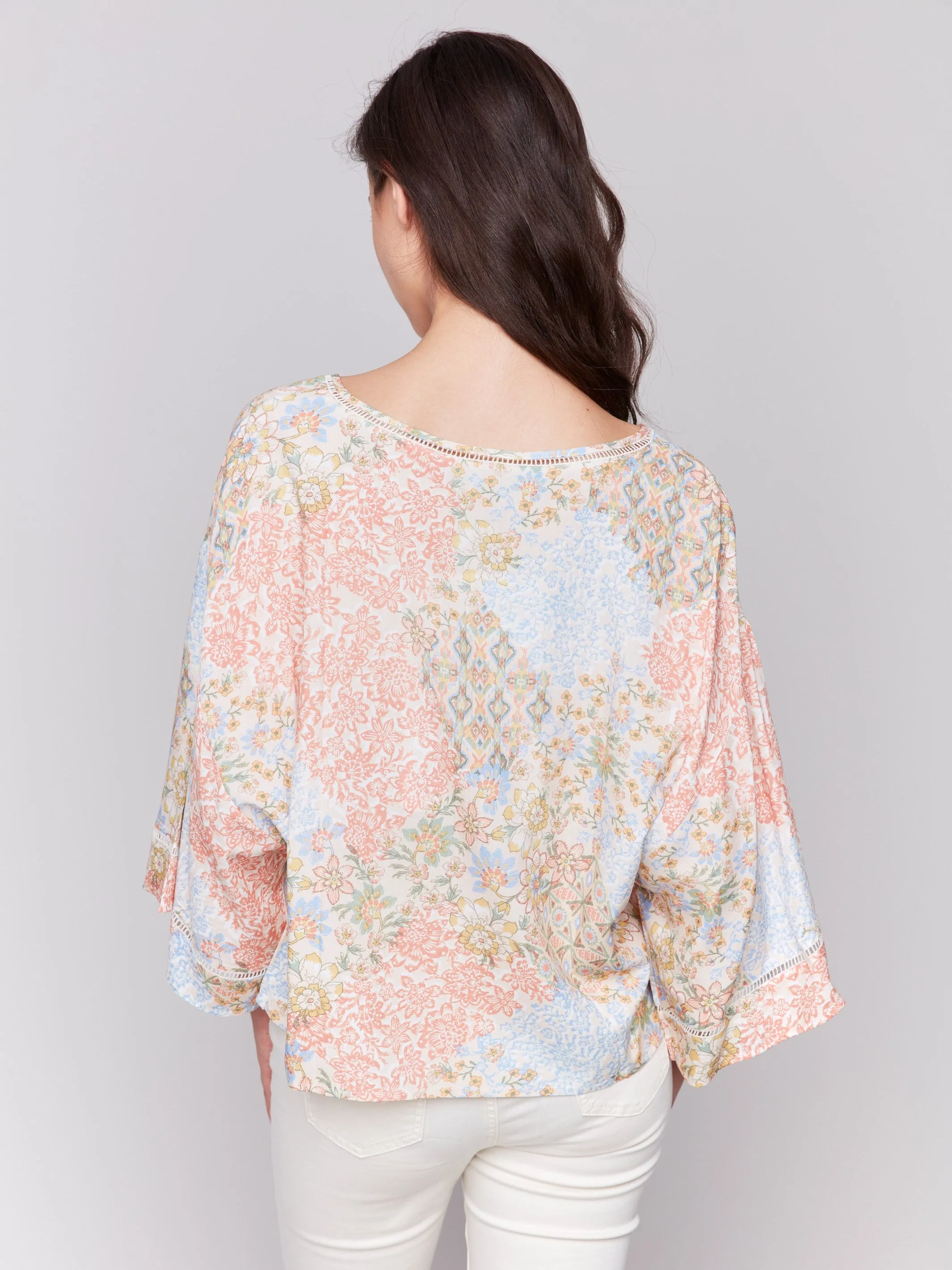 Printed 3/4 Sleeve Blouse with Ladder Stitch Detail - Flowers