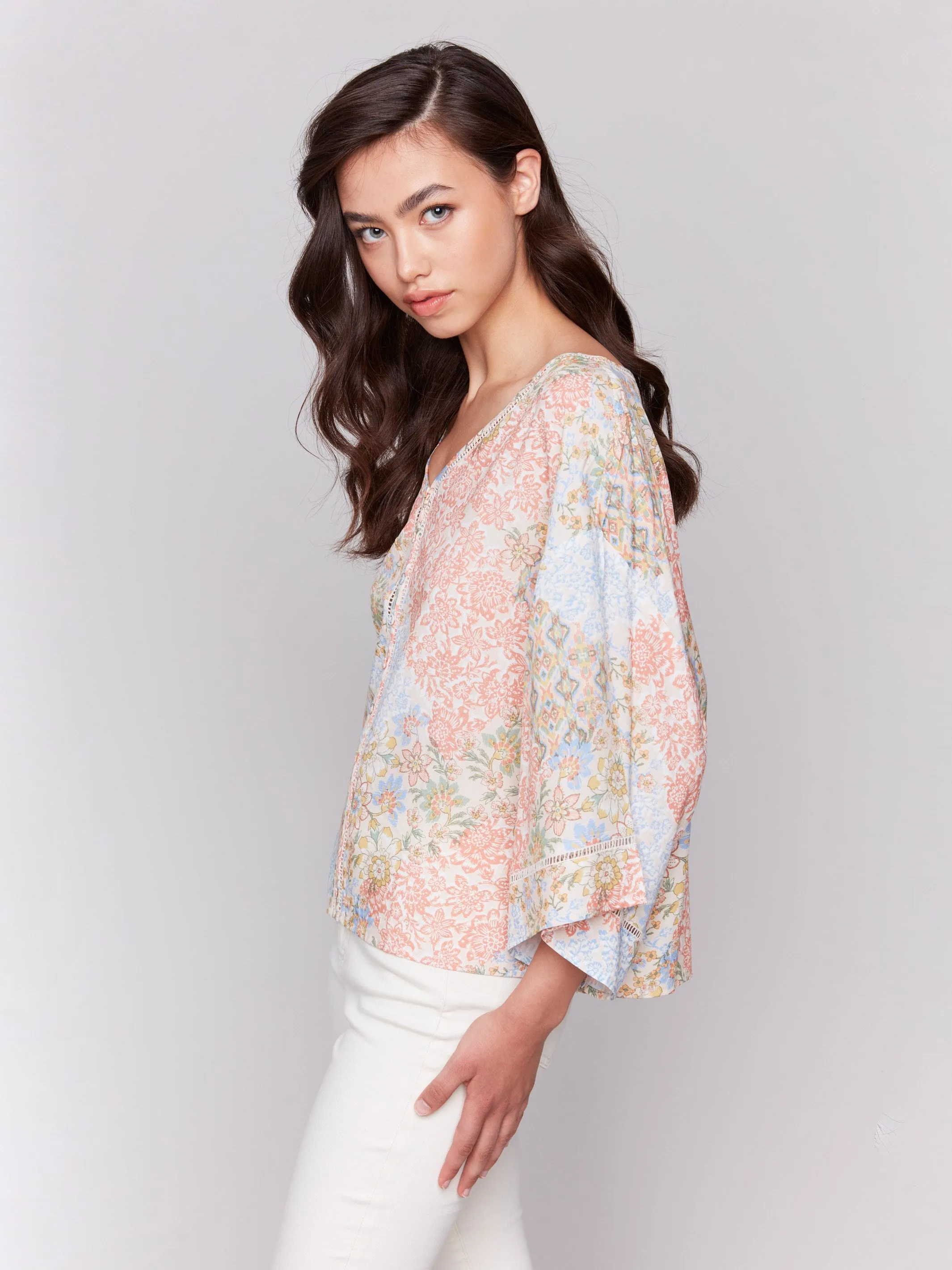 Printed 3/4 Sleeve Blouse with Ladder Stitch Detail - Flowers