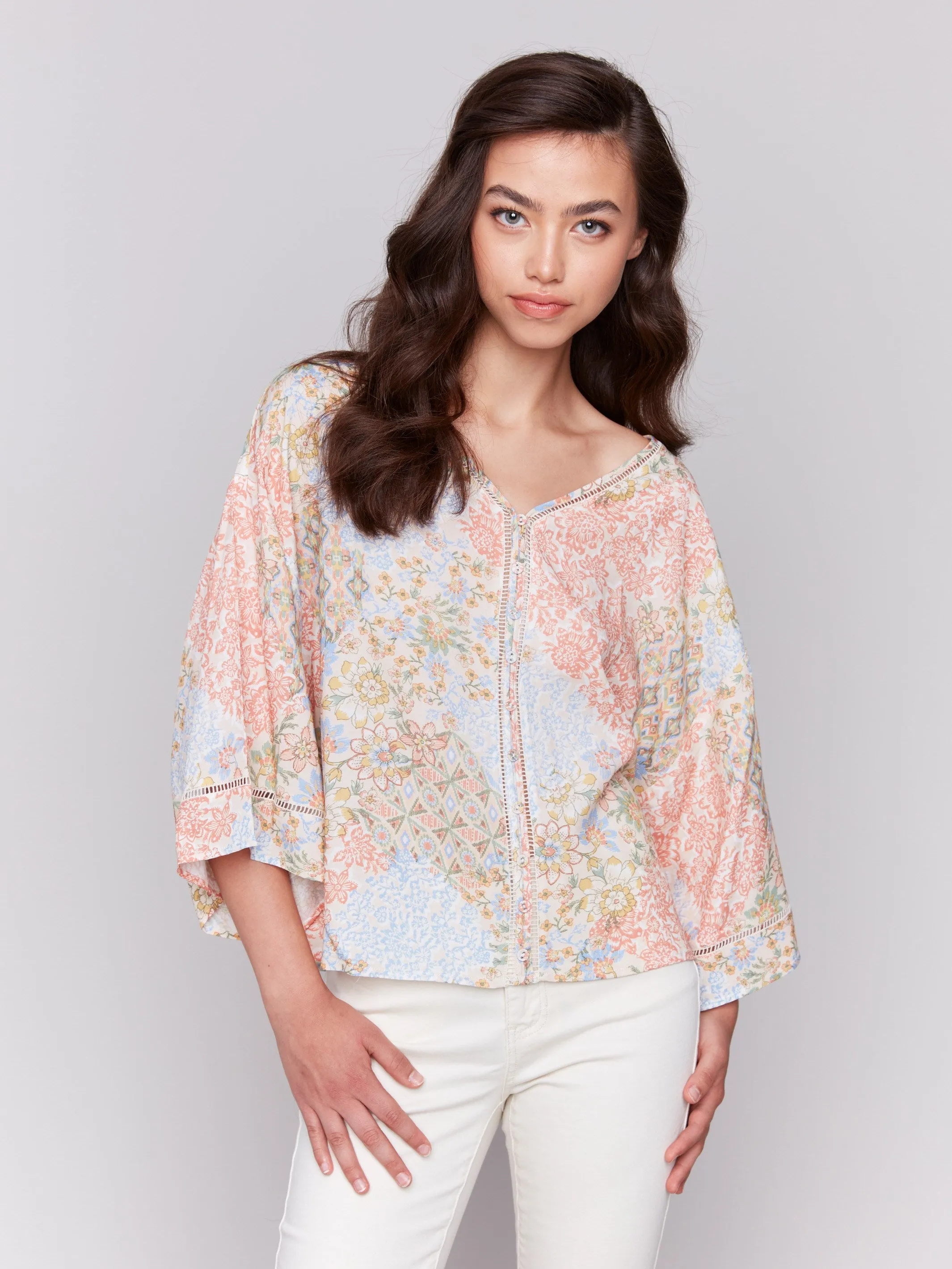 Printed 3/4 Sleeve Blouse with Ladder Stitch Detail - Flowers