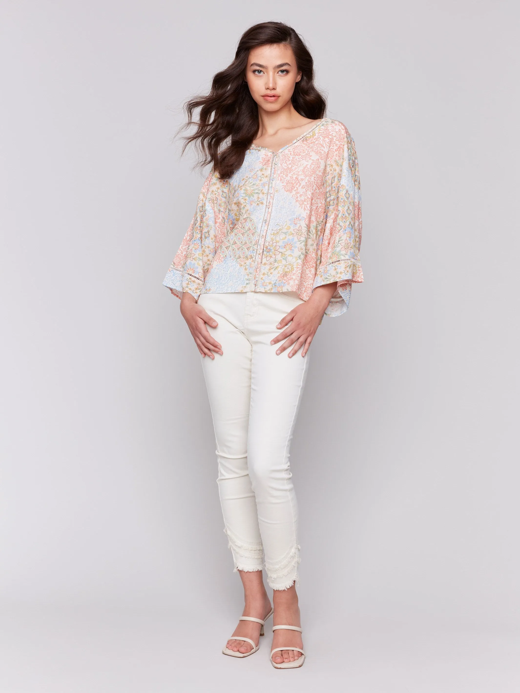 Printed 3/4 Sleeve Blouse with Ladder Stitch Detail - Flowers