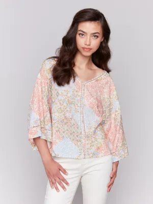 Printed 3/4 Sleeve Blouse with Ladder Stitch Detail - Flowers