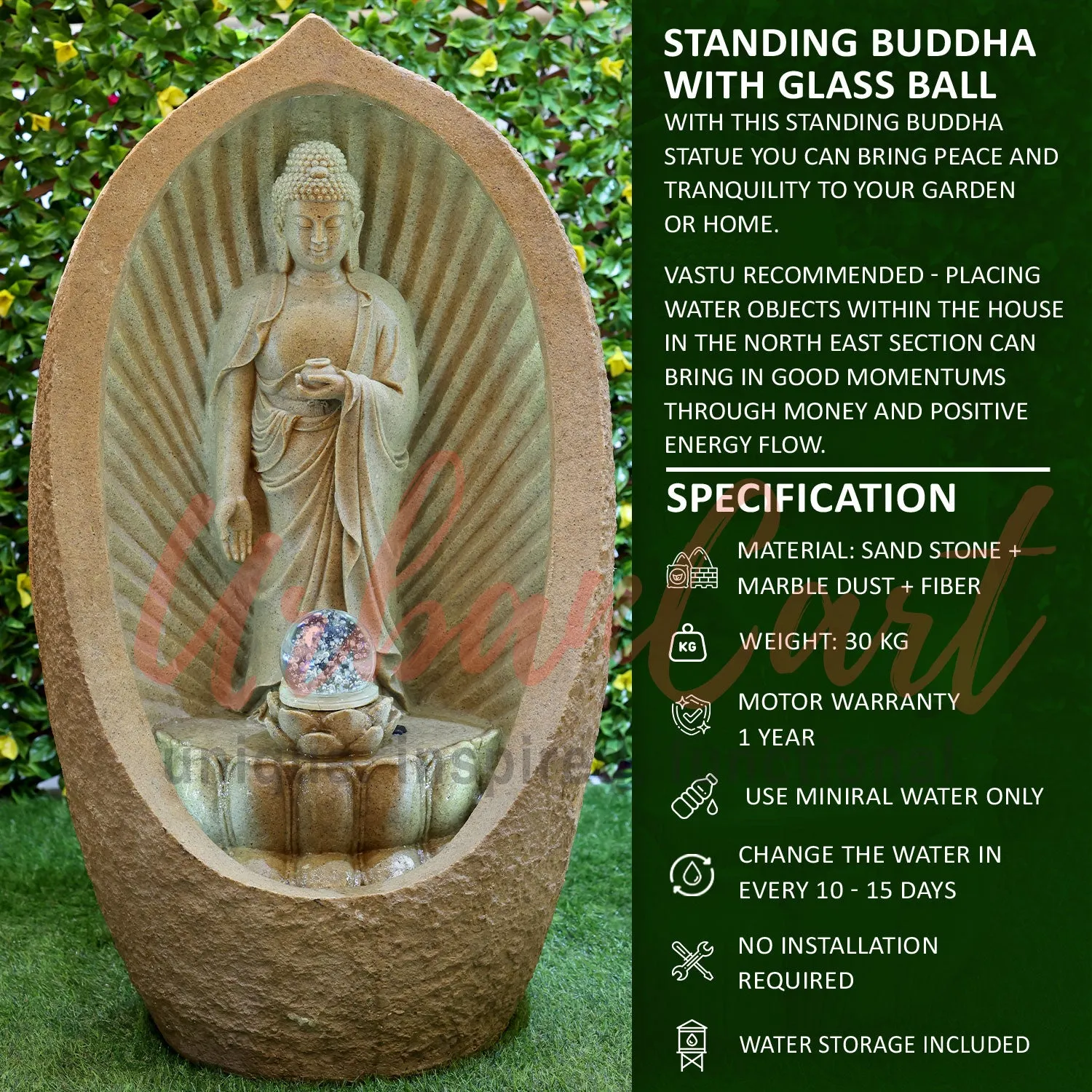 Standing Buddha with Glass Ball Water Fountain