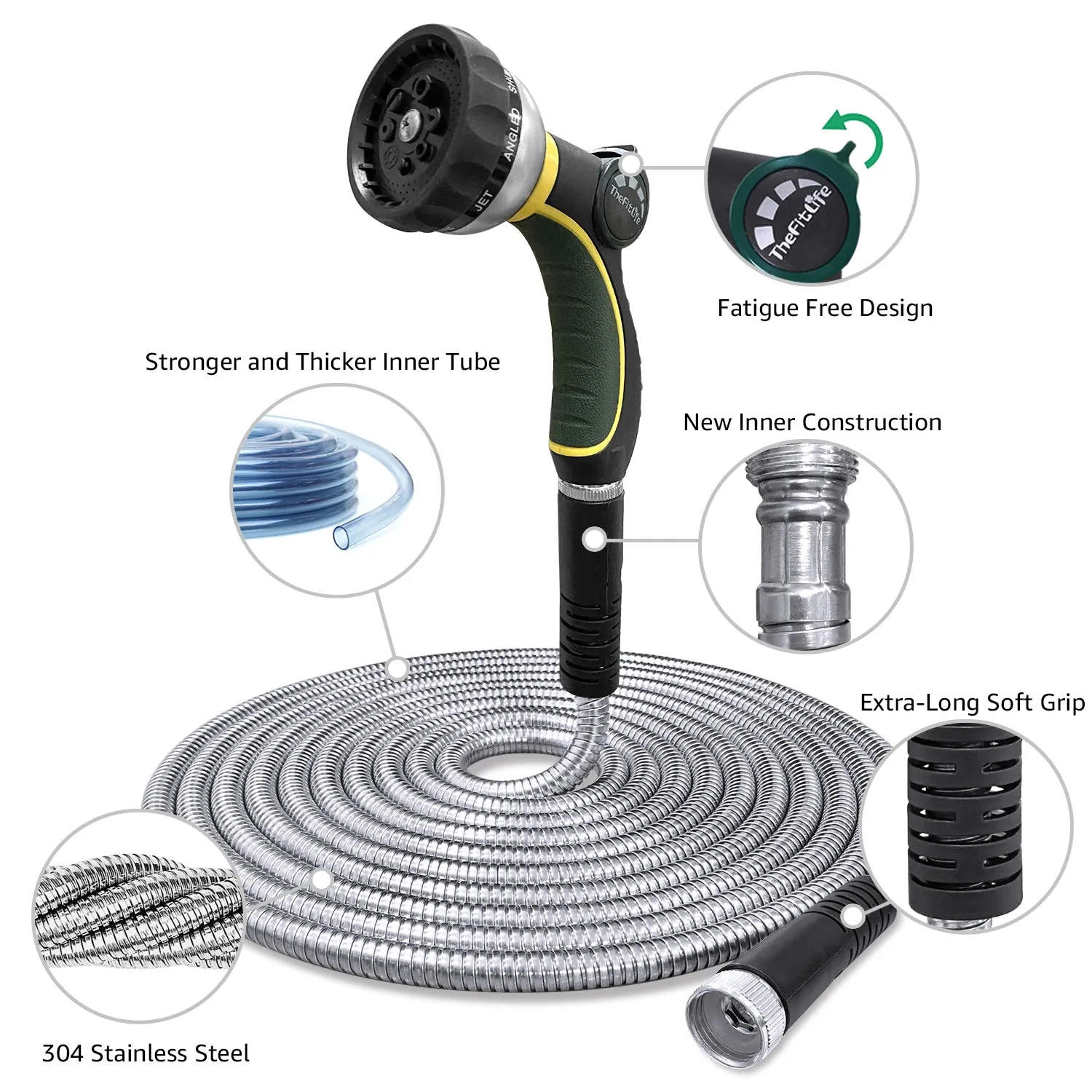 TheFitLife Flexible Metal Garden Hose - 2020 Newest Leak and Break Resistant Design, Stainless Steel Water Hose with Upgrade Solid Metal Fittings, Lightweight Kink Free Durable Easy Storage (50 FT)
